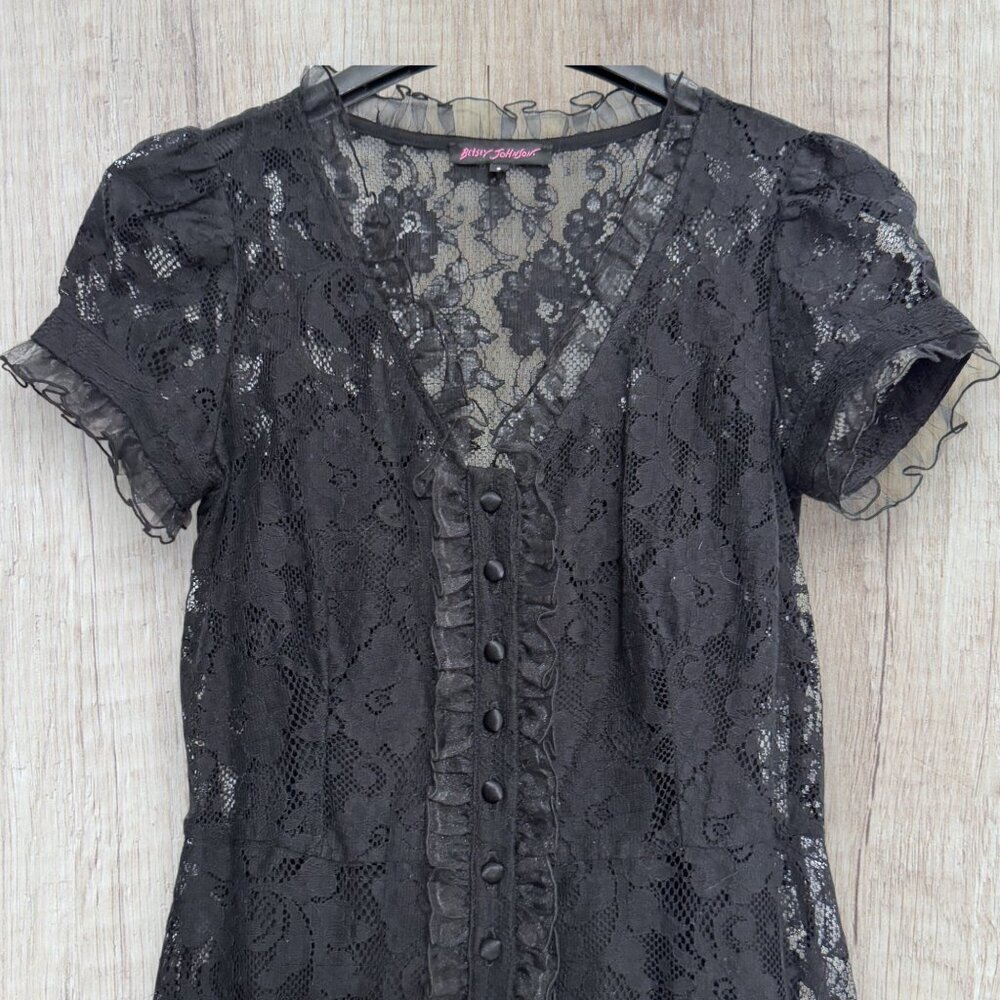 Y2K Betsey Johnson Black Lace Overlay Dress Slip Puff Sleeve Ruffle Trim Vintage - Picture 5 of 11